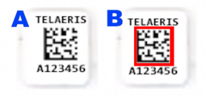 tiny barcodes A and B with a red square around the outside perimeter of barcode b