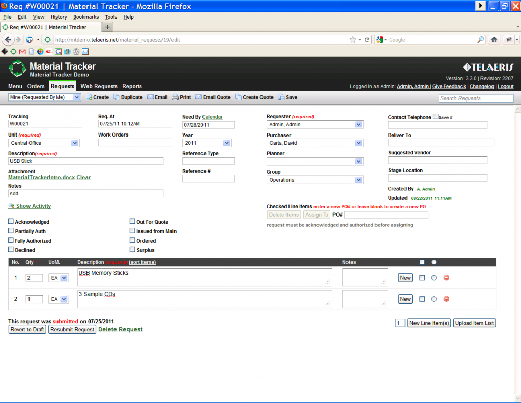 material tracker interface