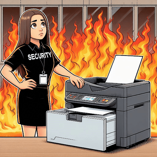 cartoon image of a woman wearing a security badge waiting patiently next to a printer with a blazing fire in the background