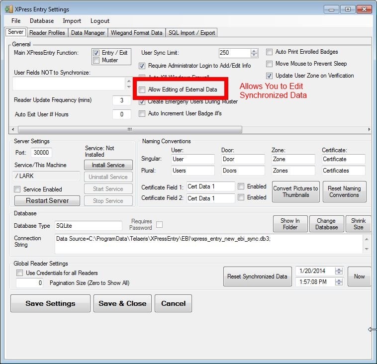 xpressentry settings allowing editing of external data