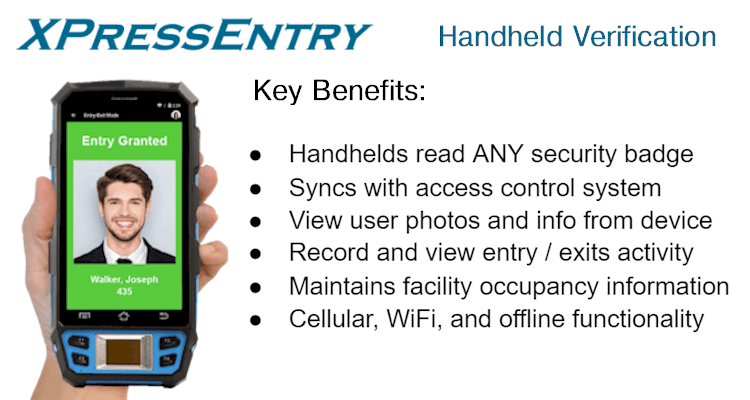 XPressEntry handheld badge reader showing a person's credentials and entry granted