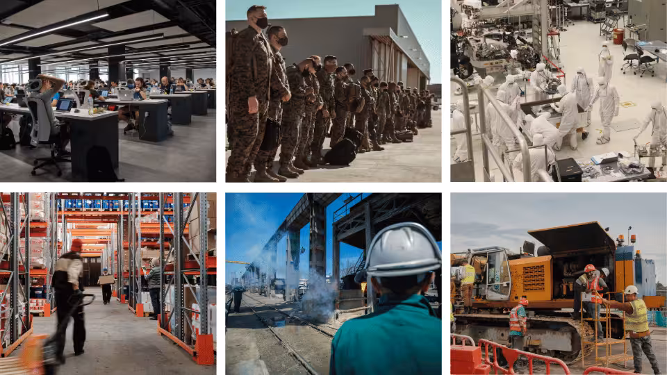 collage of 6 different workplaces: an office floor, military, laboratory, warehouse, industrial site, and construction