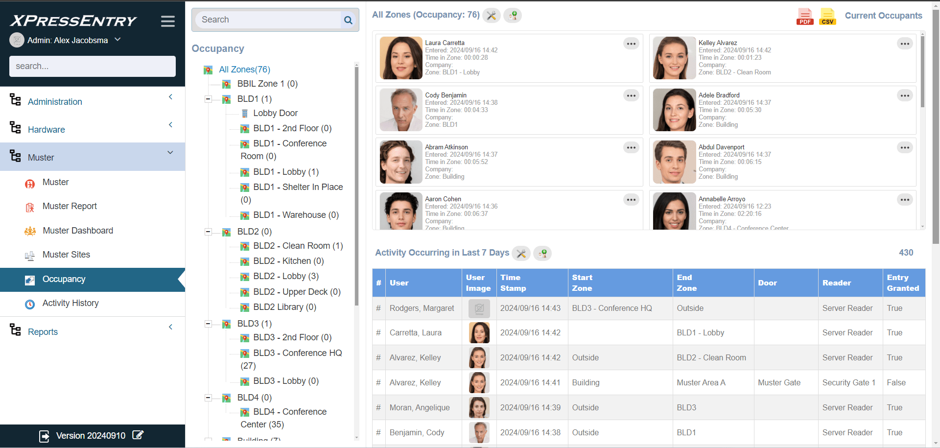 XPressEntry Web Admin Console Occupancy Dashboard