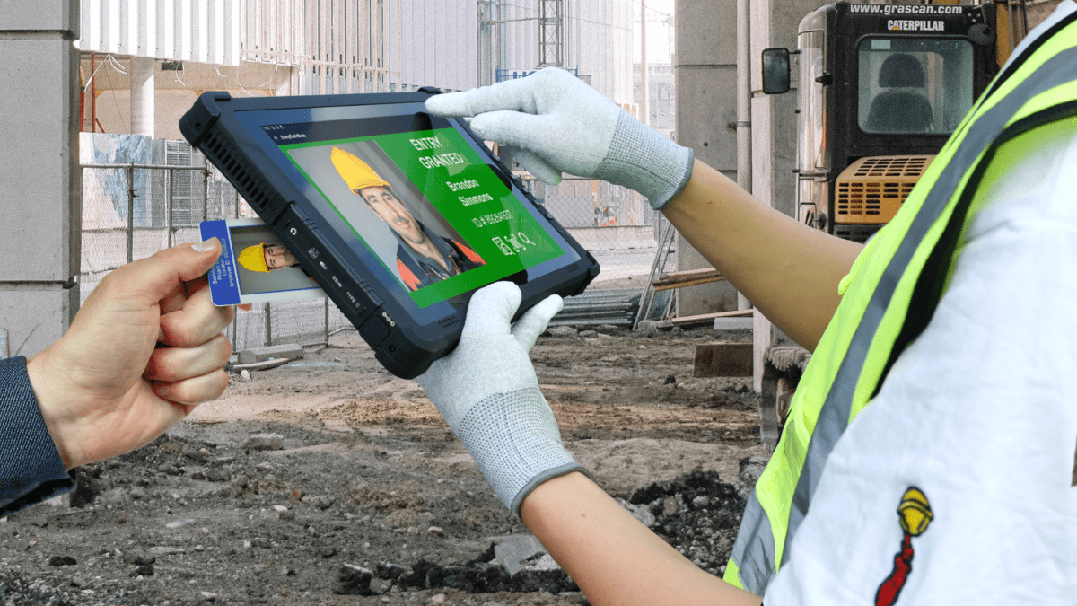 rugged tablet RFID badge reader for mobile access control granting access at a construction site