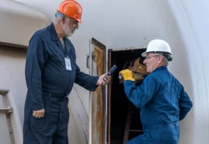 men being checked into a confined space