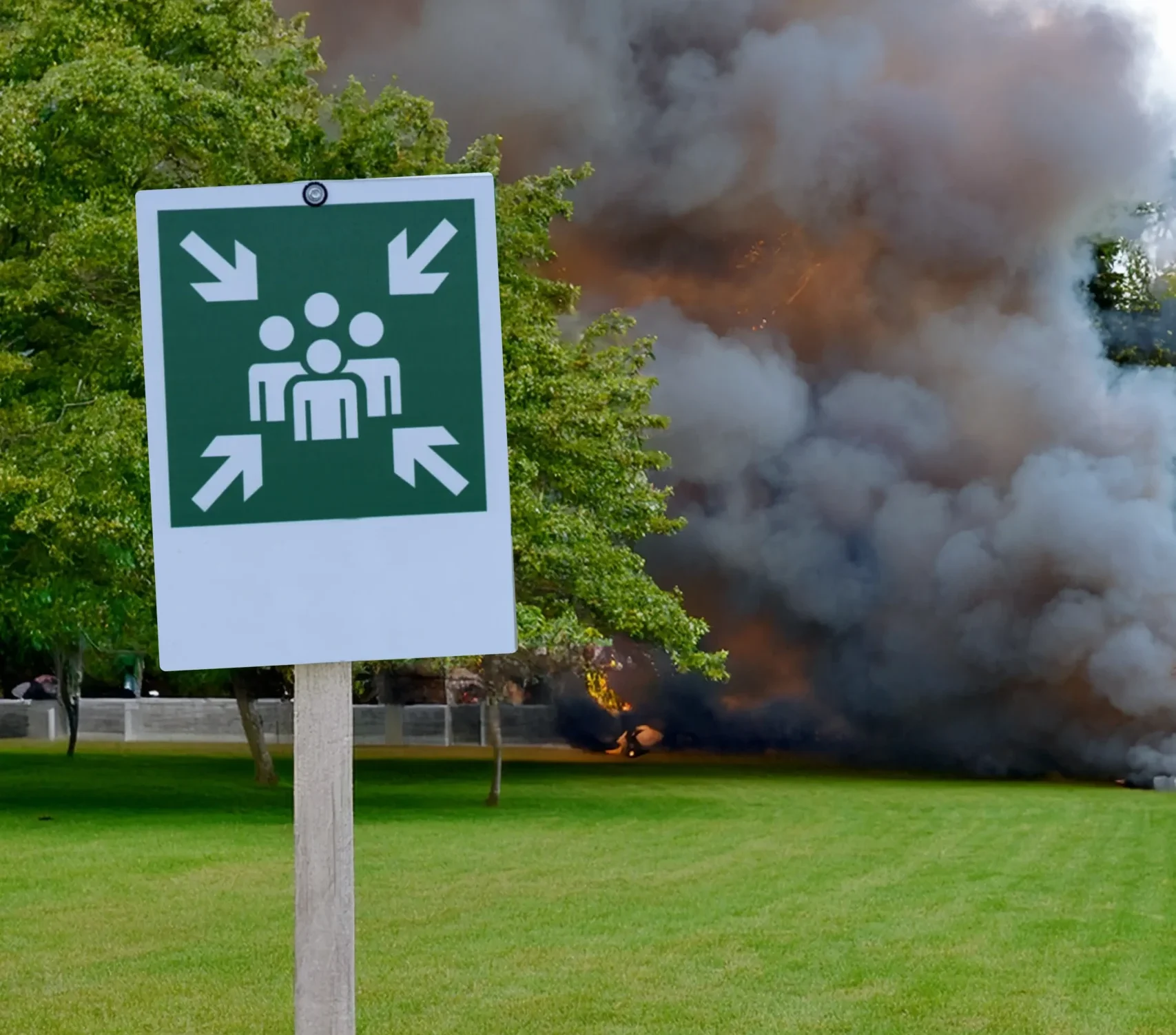 emergency muster sign / assembly point surrounded by smoke