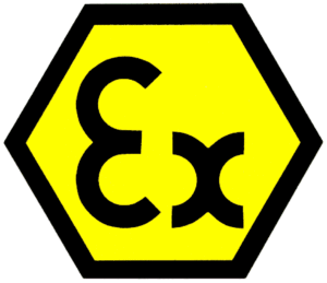 ATEX sign "Ex" in a yellow hexagon with black border