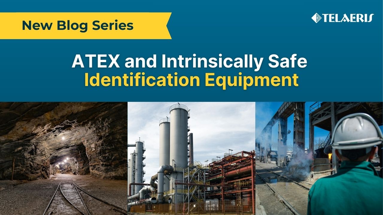 Cover for Telaeris' blog series on ATEX and Intrinsically Safe identification equipment featuring images of hazardous worksites: an underground mine, industrial plant, and petrochemical facility