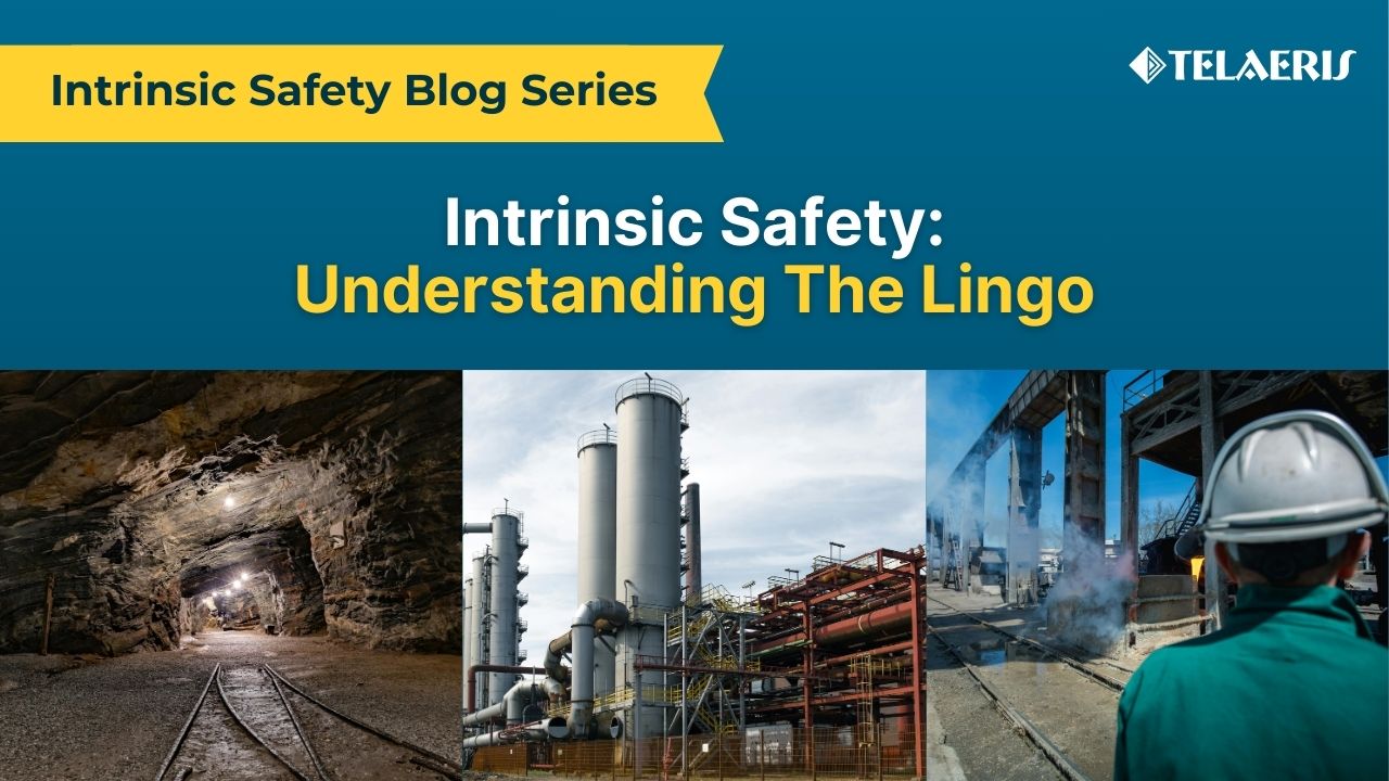 Banner for Telaeris' blog on understanding Intrinsic safety terms, featuring images of hazardous worksites: an underground mine, industrial plant, and petrochemical facility