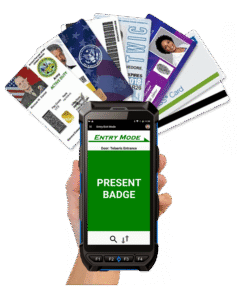 handheld badge reader surrounded by different card types
