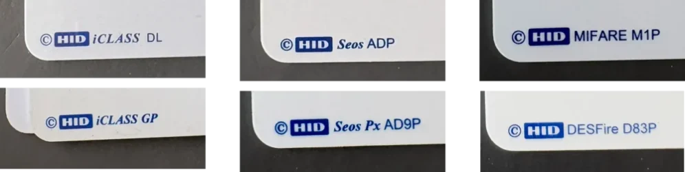 6 different cards zoomed into the bottom corner showing HID logo and card types