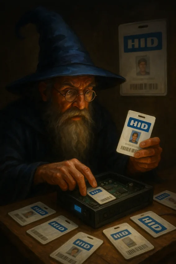 Older man in blue wizard hat and a long white beard surrounded by HID security cards