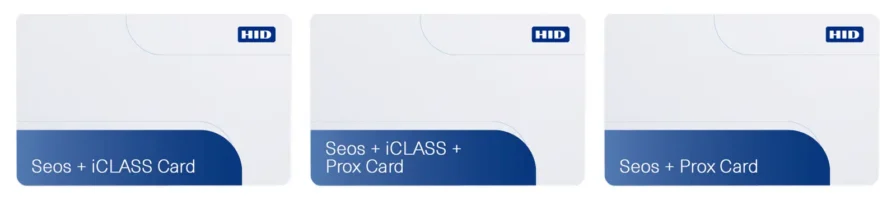 Multi technology cards in a row from left to right: Seos + iclass, Seos +iclass + prox, and seos + prox