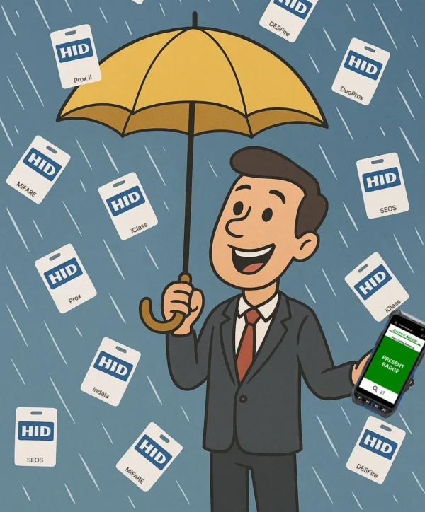 man in a suit holding badge reader device and an umbrella, surrounded by HID security badges raining down