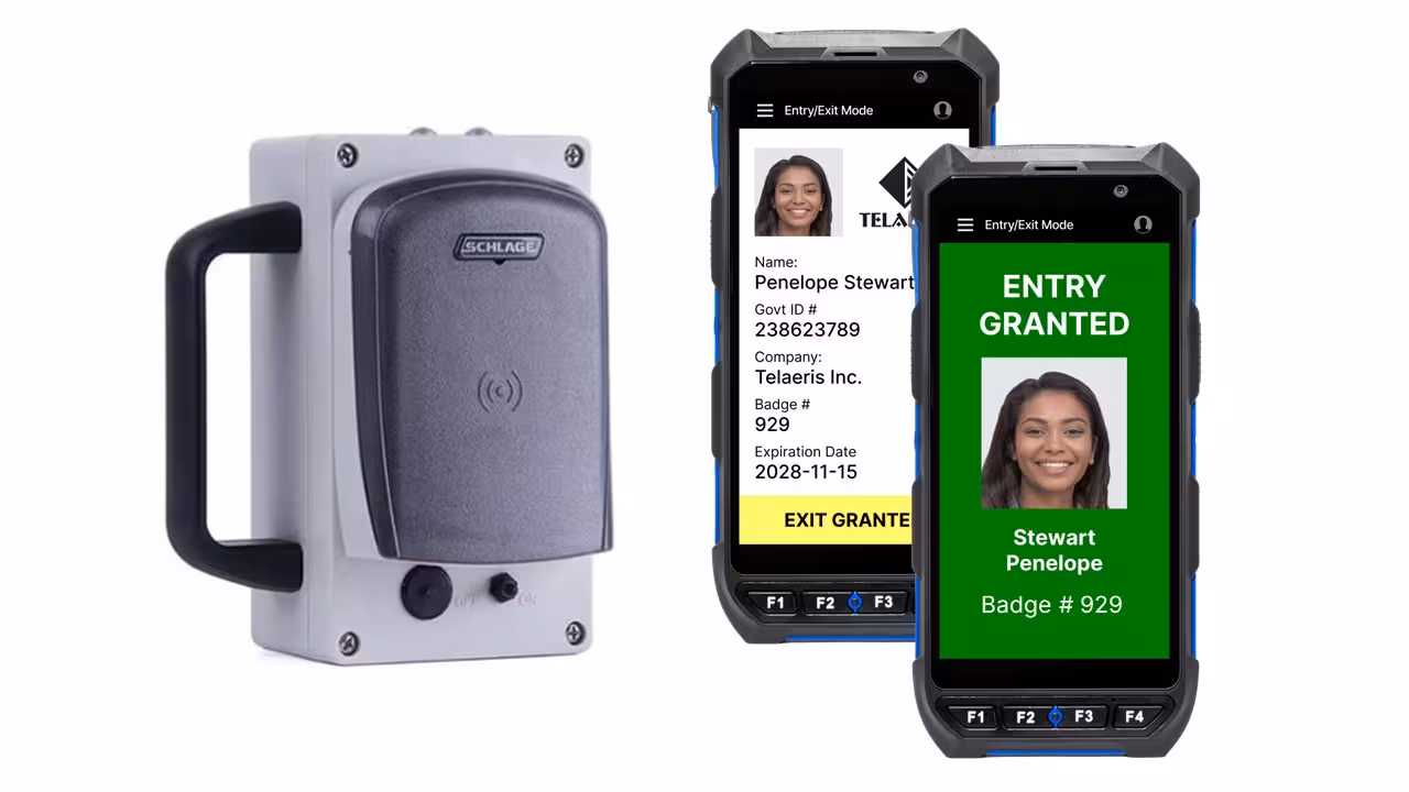 A security device next to two handheld badge readers displaying a "Granted Entry" screen with a woman's photo and ID details.