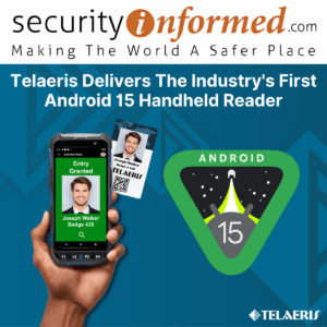 Android 15 logo next to image of handheld badge reader