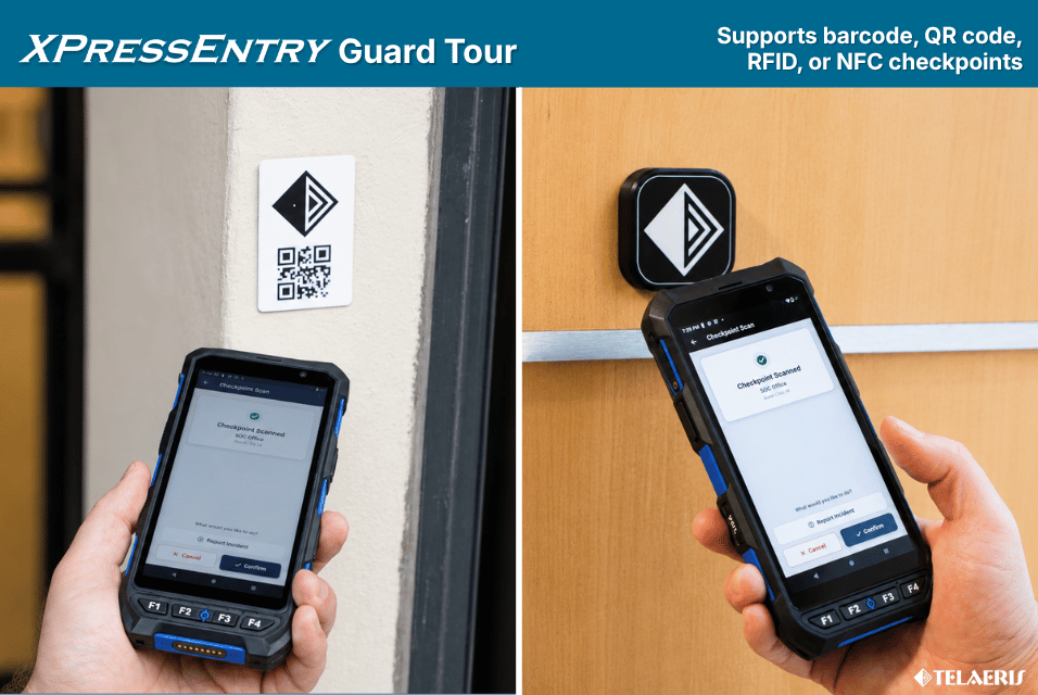 Due immagini affiancate di un lettore portatile che scansiona un tag RFID su una parete e di uno che scansiona un codice QR: XPressEntry supporta i checkpoint tramite codice a barre, codice QR, RFID o NFC.