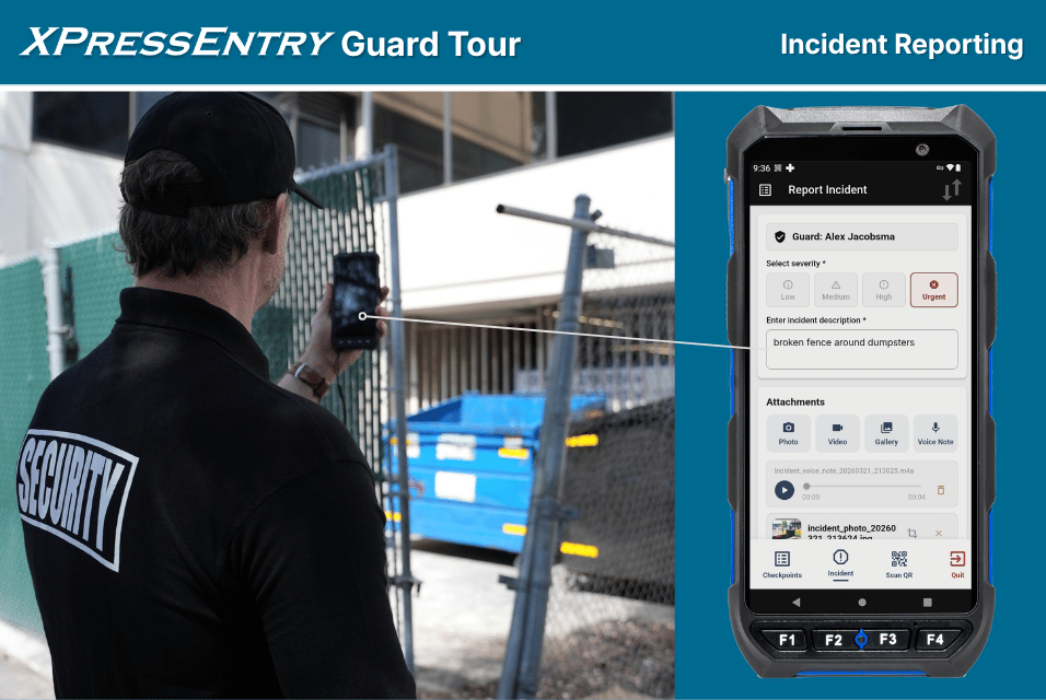 Una guardia di sicurezza, con in mano un dispositivo portatile, scatta una foto di una recinzione rotta, mentre sullo schermo del dispositivo viene sovrapposta la segnalazione di un incidente durante un giro di ronda.
