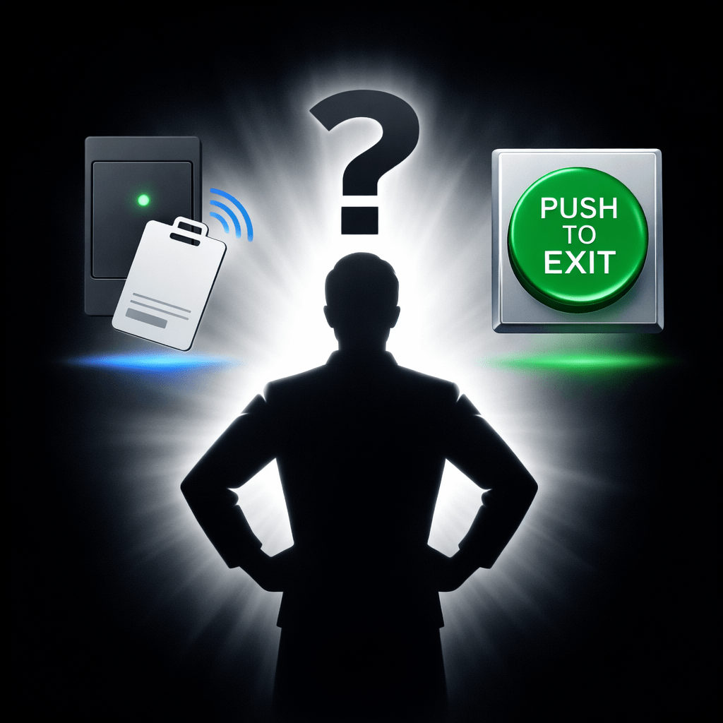 image of a badge reader and a push to exit button with a question mark in between them, indicating a choice between badge out procedures
