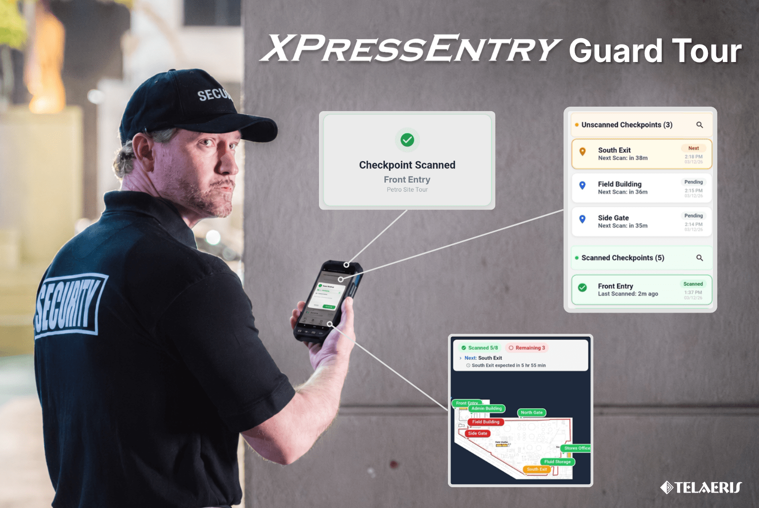 Una guardia di sicurezza guarda oltre la spalla tenendo in mano un dispositivo mobile. La grafica dell'interfaccia utente sovrapposta indica il dispositivo, mostrando l'interfaccia XPressEntry Guard Tour, che include una notifica di scansione del checkpoint, un elenco dei punti di pattugliamento e una mappa del tour del sito.