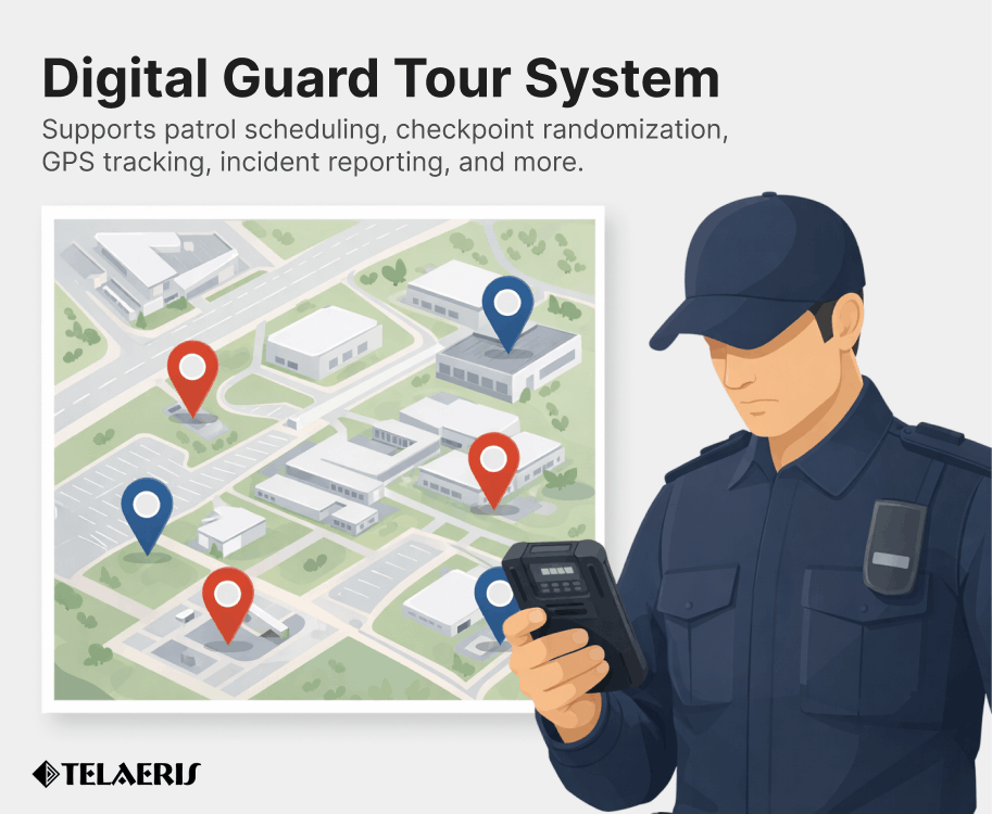 digital guard tour system graphic showing a map with checkpoints and a guard holding a mobile pda 