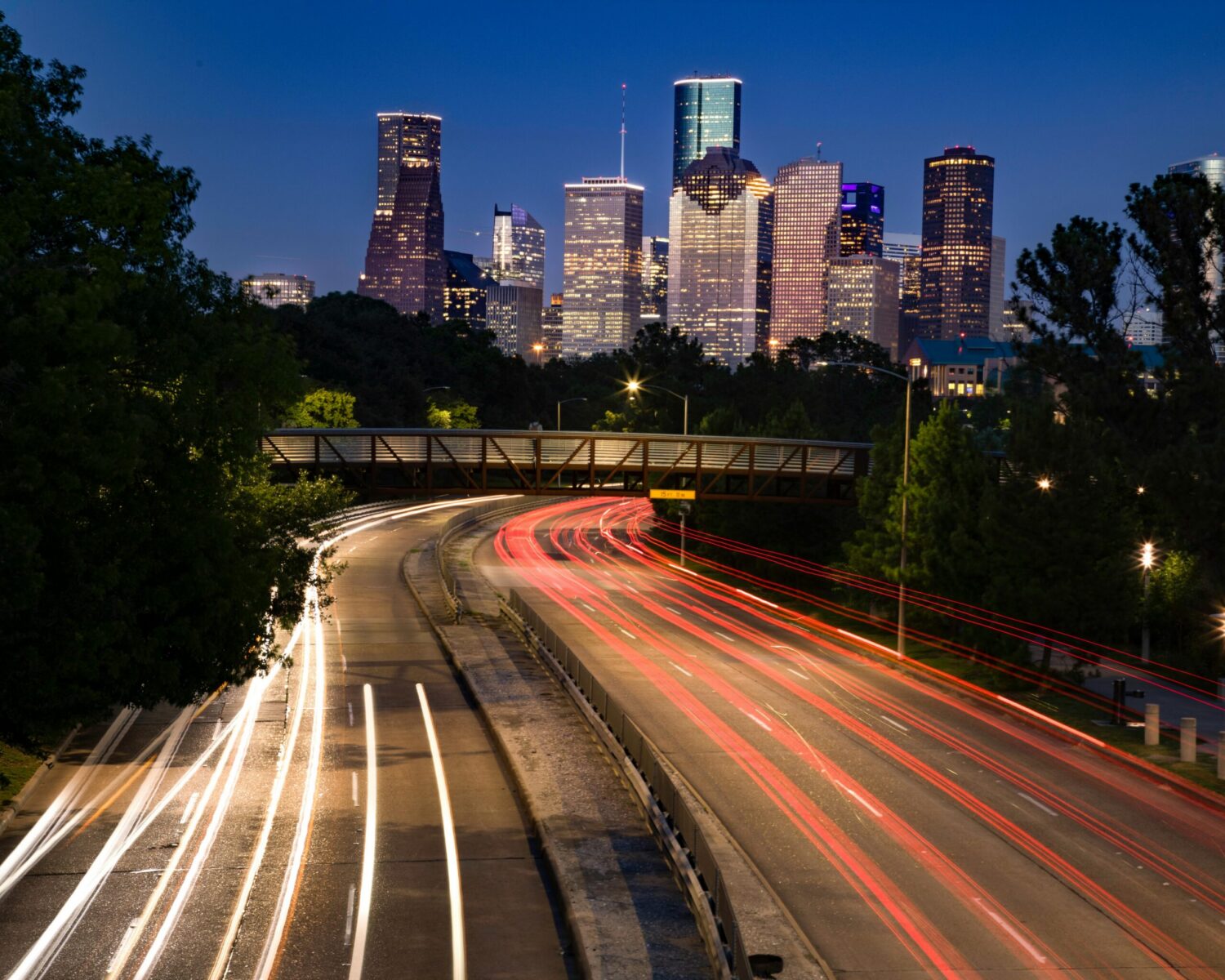 nighttime image of downtown Houston, Texas