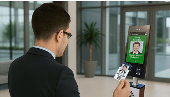 Employee scanning a Telaeris photo ID badge at an XPIK kiosk reader in a corporate lobby, with an "Entry Granted" confirmation displayed on screen