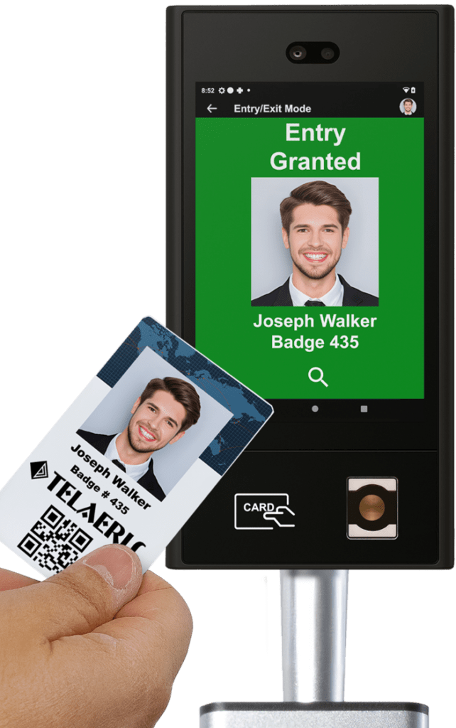 Hand presenting an ID badge to the XPressEntry kiosk reader, with "Entry Granted" confirmation on screen