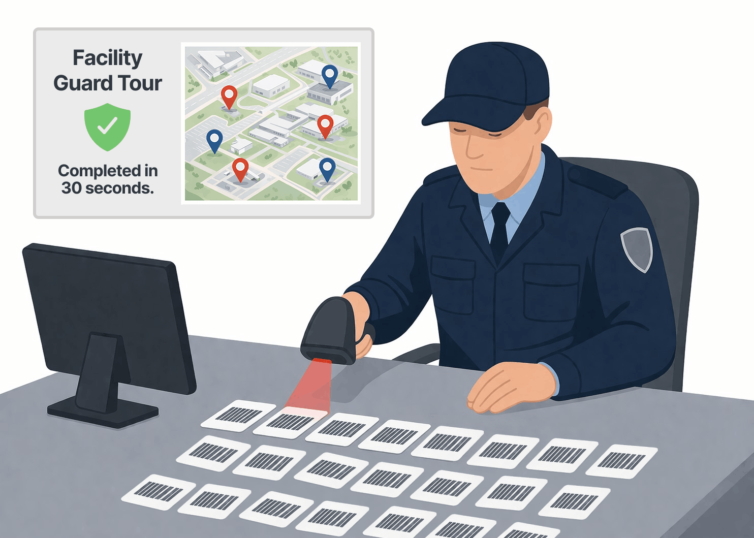 graphic of a security guard scanning barcode stickers from a desk, compromising the guard tour system integrity