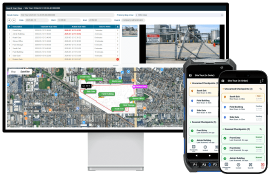 Guard Tour dashboards on desktop and mobile devices - patrol tracking, live mapping,  incident reports, and checklists show