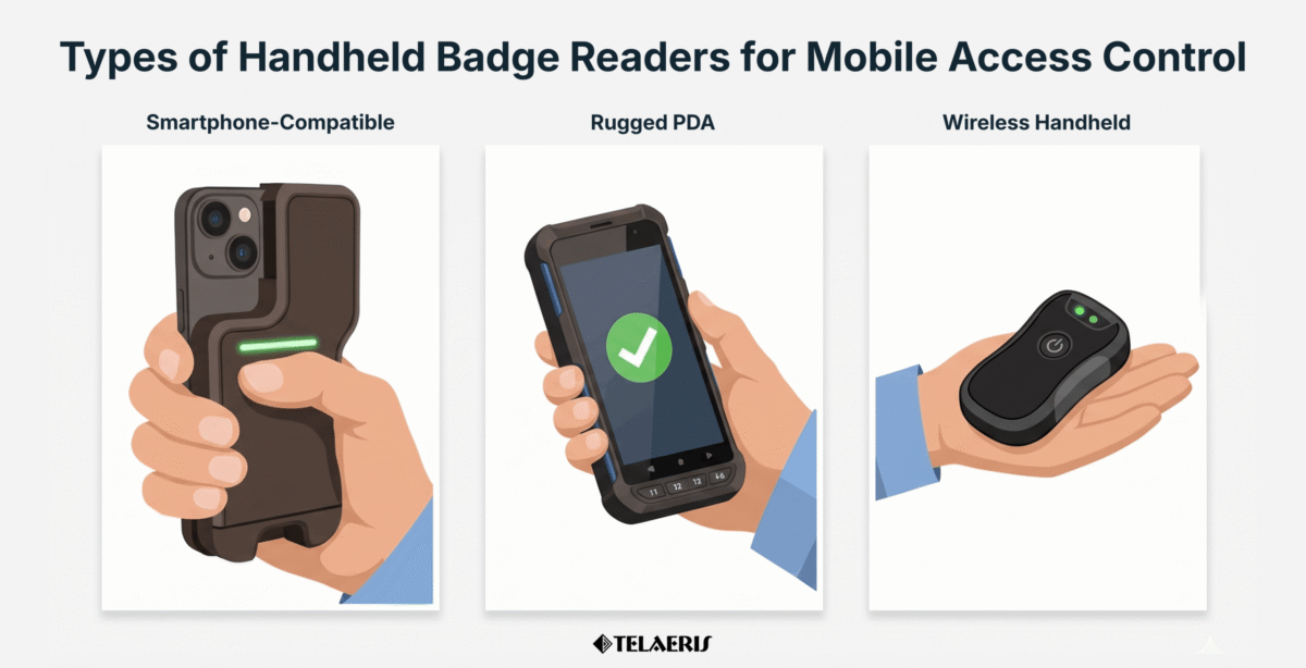 graphic of three handheld badge reading devices: smartphone-mounted reader, a rugged PDA, and a screenless handheld reader