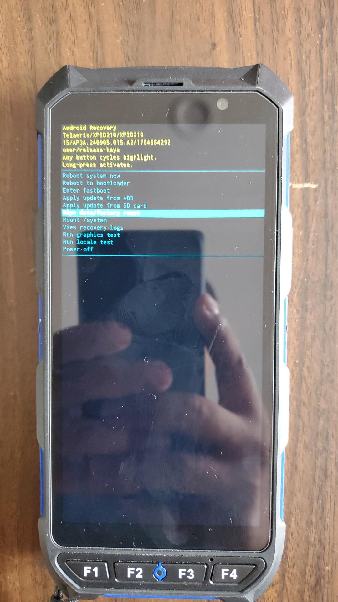 XPID210 Android Recovery menu with Wipe data/factory reset highlighted