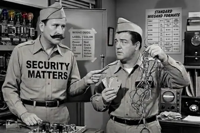 Abbott and Costello's Who's On First, with a wiring guide board and a standard Wiegand formats chart