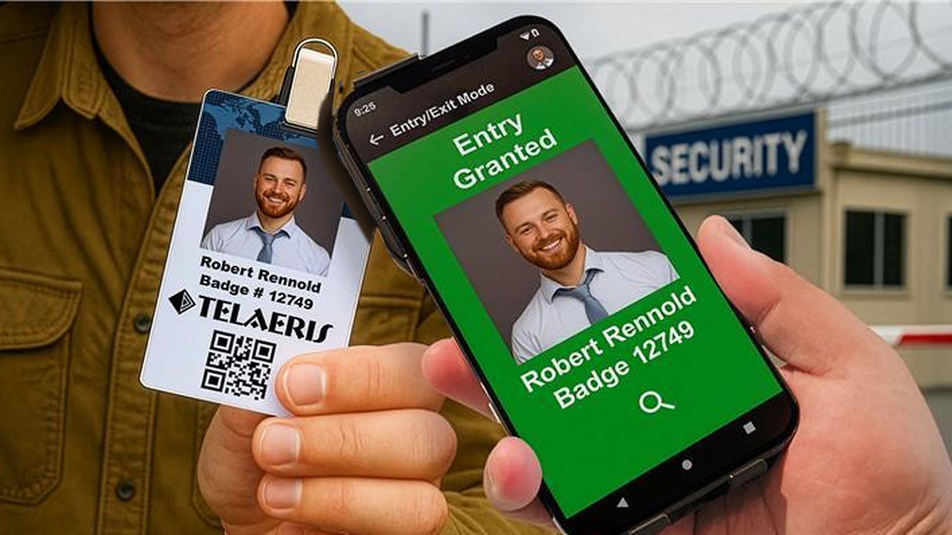 Guard holding a phone with an XPressProx BLE 100 reader that shows Entry Granted with the cardholder photo, next to the cardholder badge