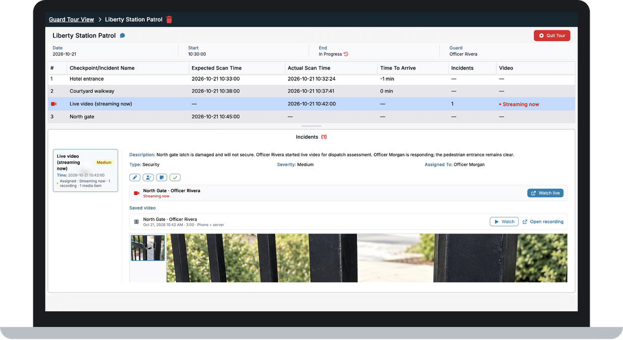 Guard tour in the XPressEntry Web Console with an incident filed automatically from a live stream