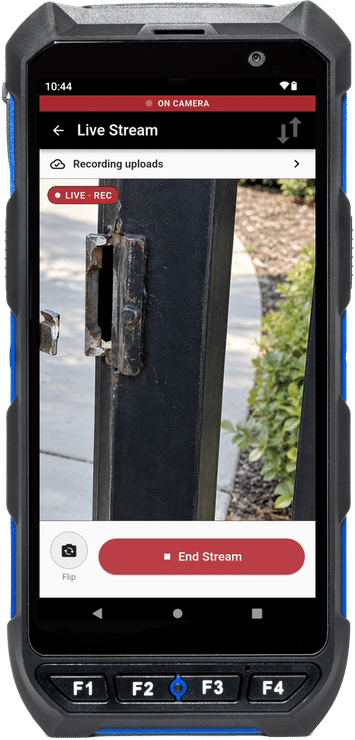 XPressEntry handheld on the Live Stream screen, recording a damaged gate latch