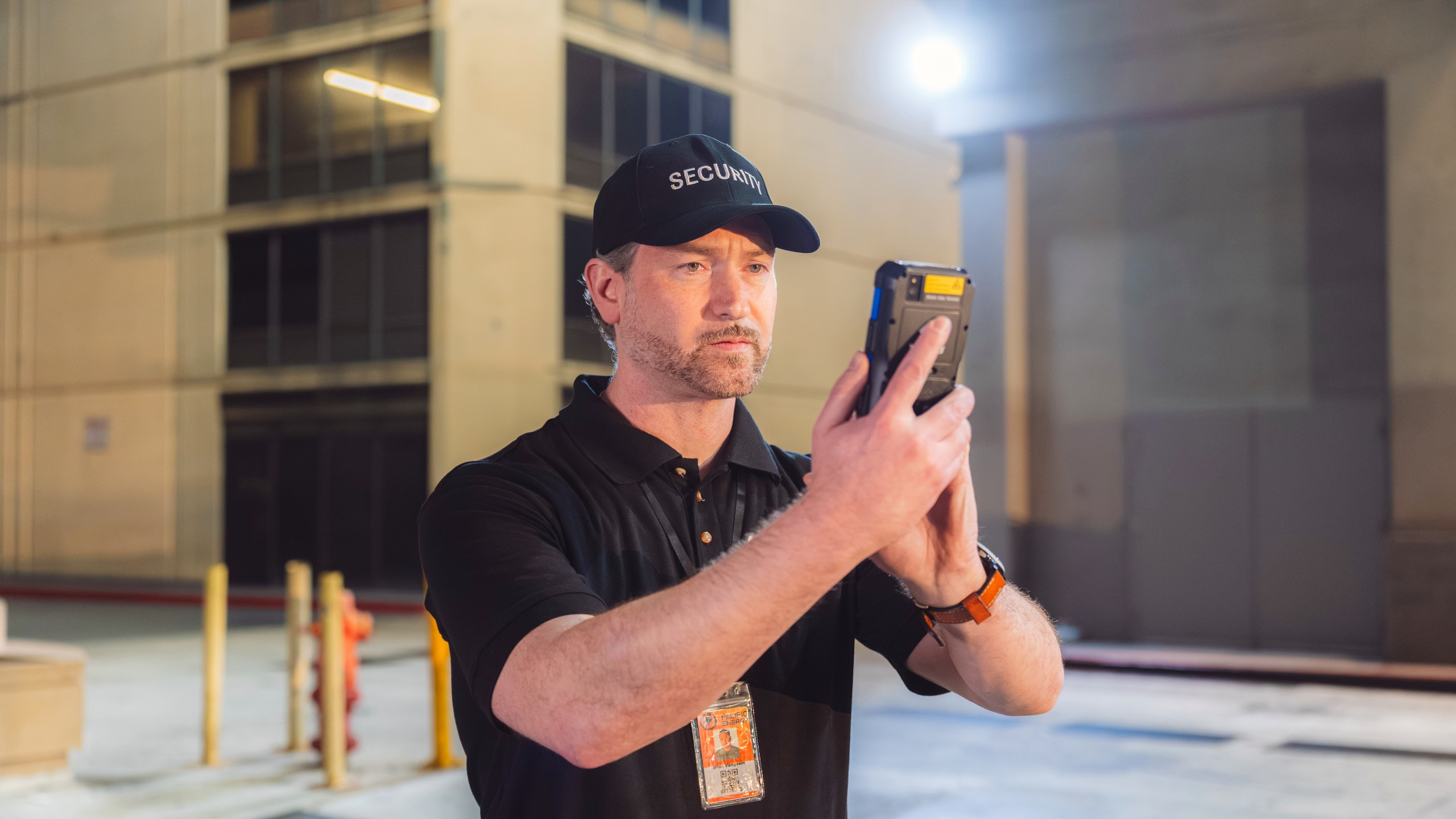 Security guard streaming live video to the security office from an XPressEntry handheld