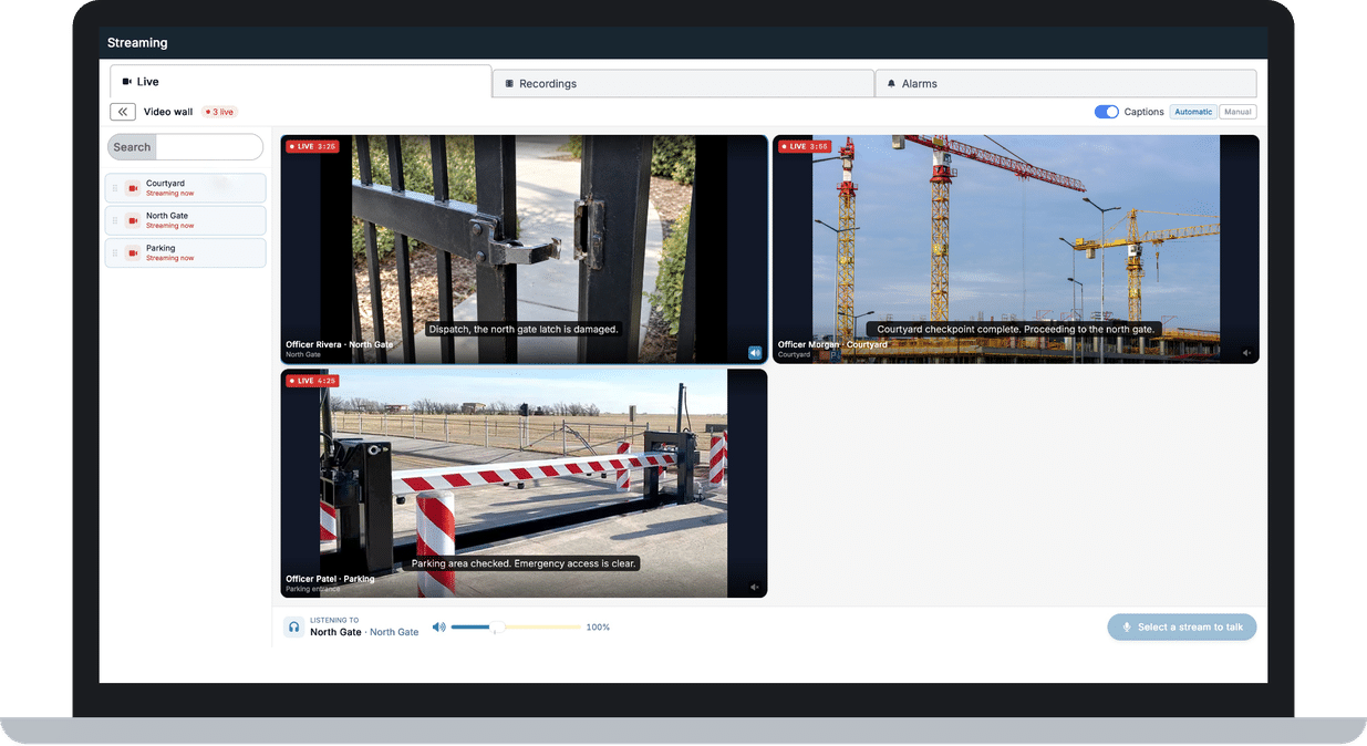 XPressEntry Web Console on a laptop, showing the Live Streaming wall with three guards streaming from different locations