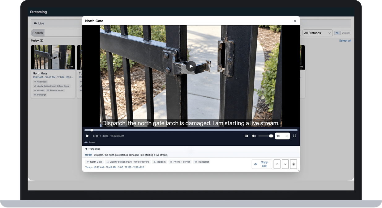 Live Streaming recording playback in the XPressEntry Web Console, with captions and a searchable transcript