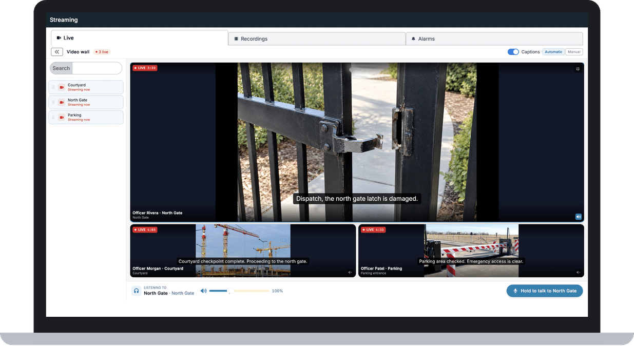 XPressEntry Web Console focused on one live stream, with Hold to talk to the guard