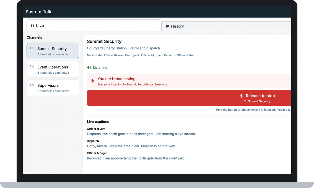 SOC operator talking to a Push to Talk channel from the XPressEntry Web Console