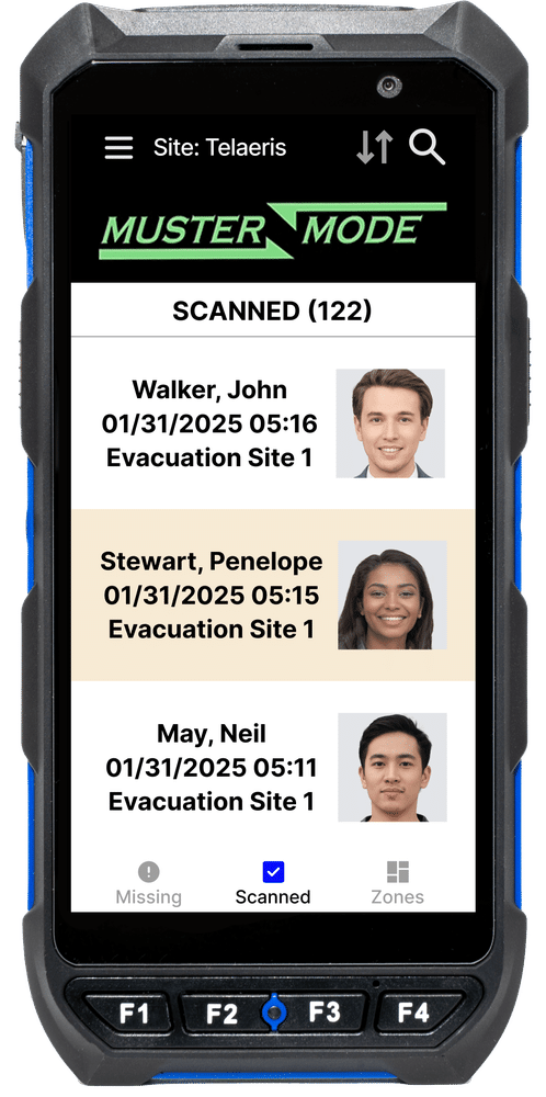 XPressEntry handheld in Muster Mode accounting for people at a muster point