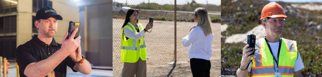 Live Streaming in action: a guard streaming from an XPressEntry handheld at night, a security officer streaming at a perimeter fence and a site worker streaming in the field