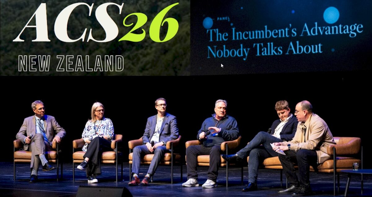 Telaeris CEO Dr. David Carta and fellow panelists on stage at ACS26 New Zealand for the panel The Incumbent's Advantage Nobody Talks About