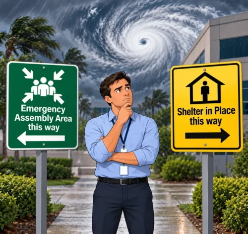 man looking between an emergency assembly area sign and a shelter in place sign confused with a hurricane behind him